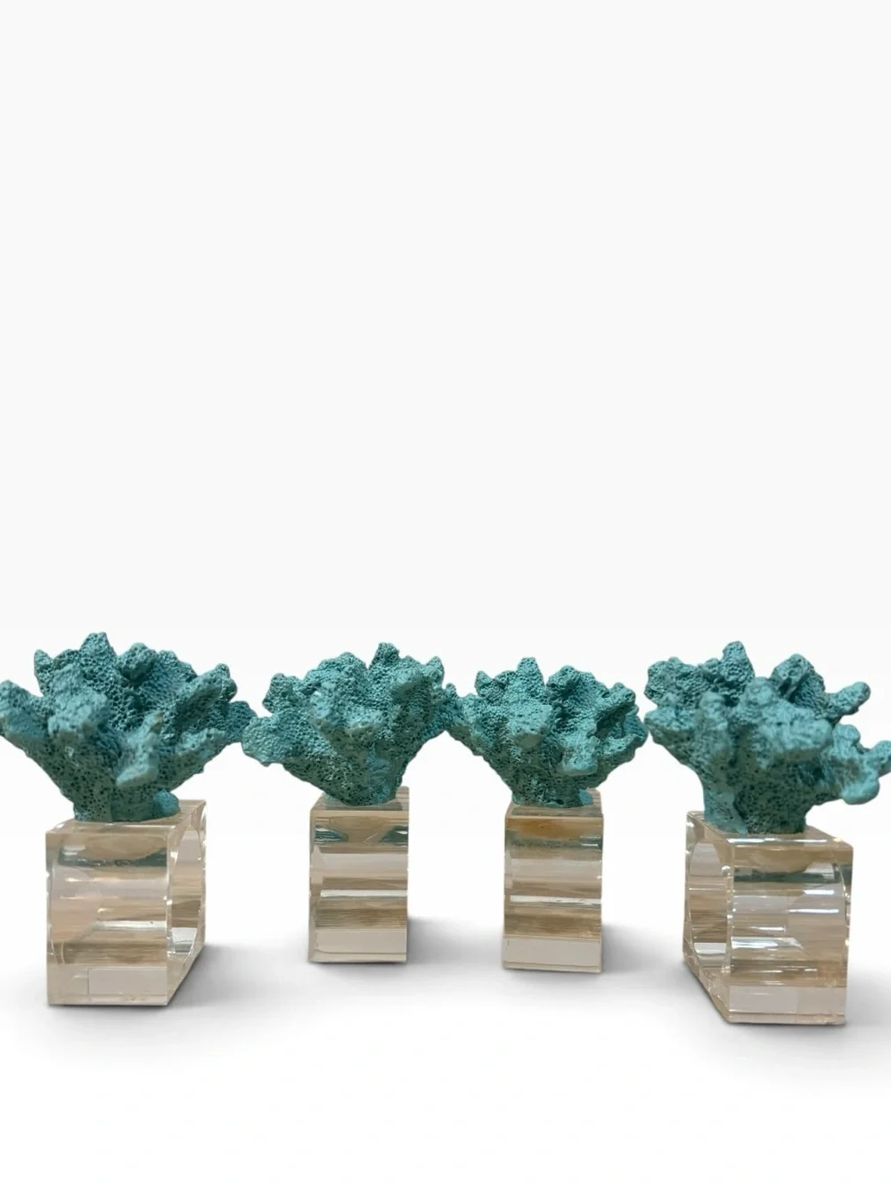 Coastal Style Blue Faux Coral With Acrylic Base Napkin Rings Set of 4